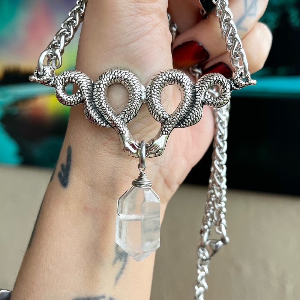 Natural Crystal quartz & snake charm stainless steel chain necklace goth celtic. - Picture 9 of 10